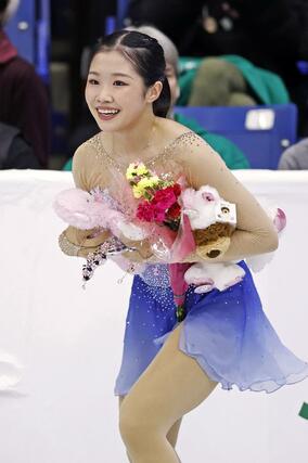 女子フリーの演技を終えた中井亜美＝サスカトゥーン（共同）