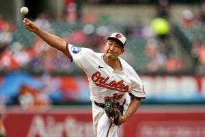 メッツ戦に先発したオリオールズ・菅野。6回3失点で7勝目を挙げた=ボルティモア(AP=共同)