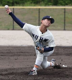 新潟大-新潟医福大 八、九回を投げ、無失点で試合を締めた新潟医福大の飯濱友翔=新潟市北区