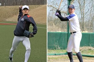 キャッチボールをする新潟医福大の川瀬直(左)とここぞのチャンスに強い新潟大の主将、西原周