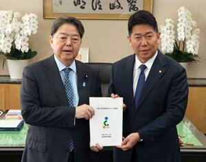 　林総務相（左）に地方自治法の改定案を手渡す川崎市の福田紀彦市長＝４日午前、総務省