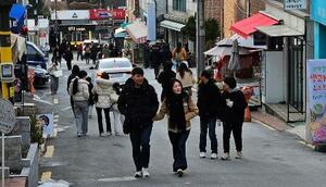 ソウルの街を手をつないで歩く若いカップル(韓国)