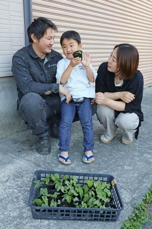両親と育てたアサガオの苗を手にする丹後王佑ちゃん＝胎内市