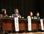 市川房枝のシンポジウムに登壇した４人。左から進藤久美子さん、村井良太さん、野村浩子さん、林陽子さん＝２０２６年１月２５日、愛知県一宮市