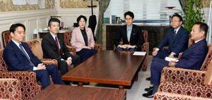 　国会内で開かれた、中道改革連合、立憲民主党、公明党３党の幹事長会談＝２４日午前