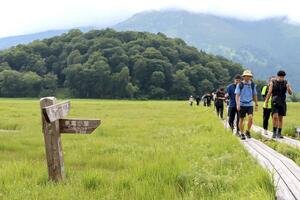 かつてダム建設が計画された尾瀬ケ原。道標に東電が所有運営する「東電小屋」の文字も見える＝２５年８月上旬、尾瀬国立公園
