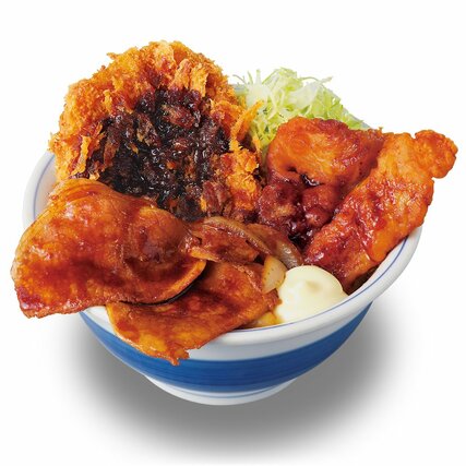とんかつに豚の唐揚げ、豚ロース焼きが一度に味わえる「豚ＤＸ（デラックス）丼」（アークランドサービスホールディングス提供）