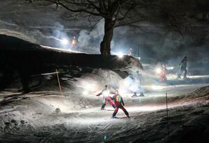 幻想的な景色で来場客を魅了した「たいまつ滑降」=湯沢町湯沢