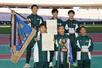 県中学駅伝男子決勝 優勝した小千谷 左上段から1区込田泰成、2区平澤友理、3区上村洵太、4区井川礼6区品田京平、5区佐々木文緒=デンカビッグスワン