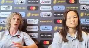 オンラインで記者会見するラグビー女子日本代表の長田主将(右)とマッケンジー・ヘッドコーチ=5日