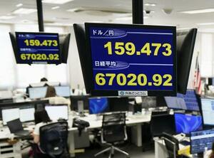 節目の6万7000円を突破し、取引時間中の最高値を2営業日連続で更新した日経平均株価を示すモニター=1日午前、東京都港区の外為どっとコム