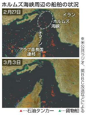 　ホルムズ海峡周辺の船舶の状況（写真は米公共ラジオ、英ＢＢＣ放送などによる）