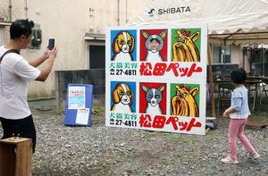 顔出し看板とともに写真を撮影する人々=新発田市大手町1