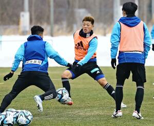 練習から積極的なプレーを見せるFW小見=聖籠町