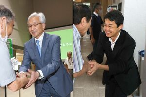 集会で政策や思いを語った現職の磯田達伸氏(左)と新人の高橋宏幸氏