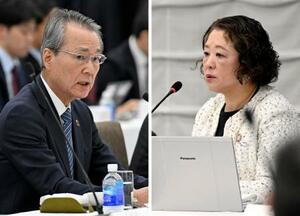 　面談する経団連の筒井義信会長（左）と連合の芳野友子会長＝２７日午前、東京都千代田区