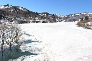 湖の一面に雪が積もったままの破間川ダム=6日、魚沼市大白川