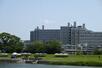 旧太田川(本川)の対岸から望む高層アパート。手前の土手はかつてバラックが密集し、現在は憩いの水辺としてにぎわう=2025年5月