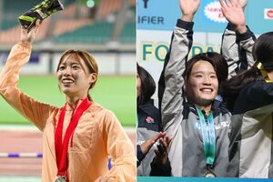 陸上女子1万メートルの小海遥選手(左)とラグビー7人制女子の原わか花選手