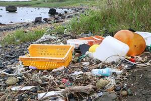 山形県酒田市沖の飛島に漂着したプラスチックごみ=2025年6月