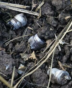 ウクライナ東部イジュム郊外カミヤンカ村で見つかった、クラスター弾の子爆弾とみられる残骸
