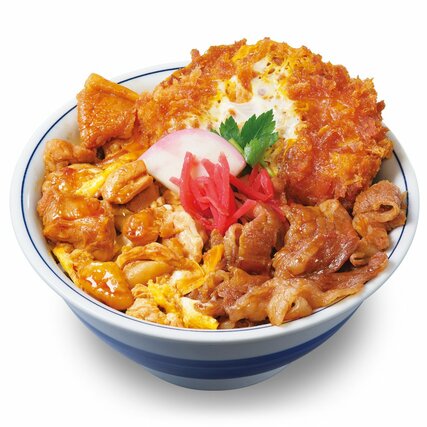 ２０２５年の「巳（み）年」にちなんで誕生したヘビーな「牛・豚・鶏のトリプルカツ丼」（アークランドサービスホールディングス提供）