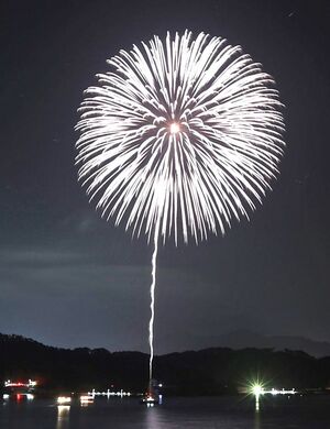 長岡市の花火師、嘉瀬晃さんが東日本大震災の被災地で打ち上げた慰霊の花火「白菊」=2023年3月11日、岩手県釜石市
