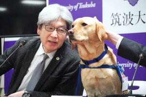　ファシリティドッグとして訓練中の「ミコ」と記者会見する平松祐司筑波大病院長＝２９日、茨城県つくば市