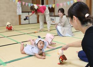 親たちが温かく見守る中、ハイハイレースに挑む赤ちゃん=新潟市中央区清五郎