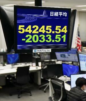 　前日比２０３３円５１銭安で節目の５万５０００円を割り込んだ日経平均株価の終値を示すモニター＝４日午後、東京都港区の外為どっとコム