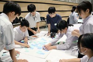 佐渡市の未来を見据えて、生徒らが政策提言を行ったワークショップ=佐渡市中原