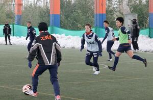 雪のため、フットサルコートで練習する新潟Lの選手ら=聖籠町