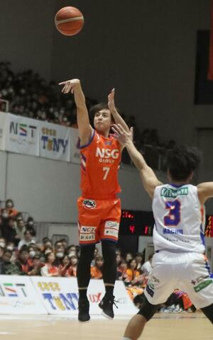 新潟-立川 第1クオーター、五十嵐圭がシュートを決める=アオーレ長岡