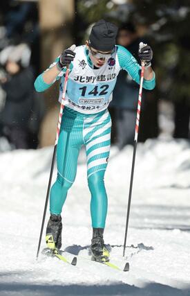 男子５キロクラシカル　２位に入った我田平（塩沢）＝長野県野沢温泉村