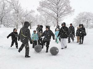 柏崎市の旧別俣小グラウンドで開かれた雪遊びを楽しむ催し=柏崎市久米