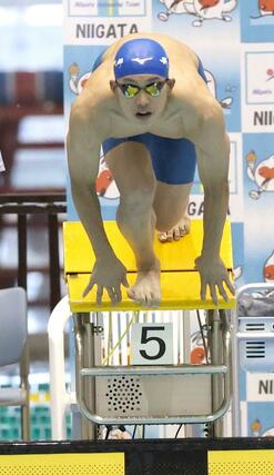 男子１００メートル平泳ぎ決勝　県高校新記録で２連覇した今泉悠成（長岡大手）＝ダイエープロビスフェニックスプール