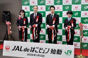 　新たな輸送サービス開始を記念し、テープカットするＪＲ東日本と日本航空の担当者＝１３日午後、羽田空港
