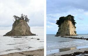 　能登半島地震で先端部分などが崩れた見附島（左）。右は地震の２カ月前に撮影された見附島＝石川県珠洲市
