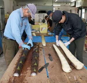 田上町で始まったメンマ作り。幼竹の柔らかい部分を切り出す作業が行われた=田上町原ケ崎新田