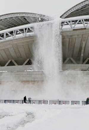シーズン中だった2014年12月、大雪に見舞われたデンカビッグスワン=新潟市中央区