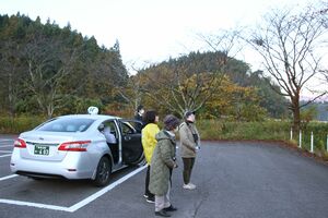 車から降りてトキを観察することが許可されたポイントで、ガイドとともにトキを探す観光客=11月中旬ごろ、佐渡市新穂潟上(佐渡観光交流機構提供)
