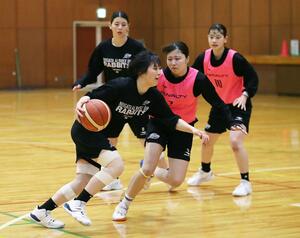 今季最終カードのトヨタ紡織戦に向け、練習する西垂水美桜(手前)=阿賀野市