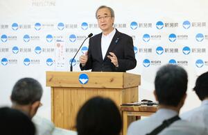 定例記者会見で官製談合の再発防止などについて語る花角英世知事=3日、県庁