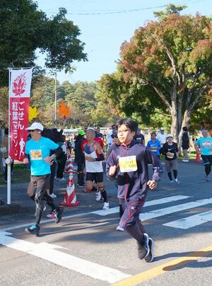 秋晴れの下、快走するランナー=五泉市愛宕