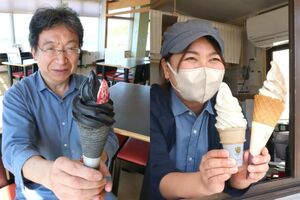 「越後出雲崎天領の里」で楽しめるソフトクリーム。左の画像は季節ごとに味が変わる真っ黒なソフトクリーム「出雲崎夜の輝き」。右側の画像はバラの蜂蜜を使った「ローズミエル」と、ローズミエルと雪室コーヒーソフトをミックスした「メルティ」=出雲崎町尼瀬