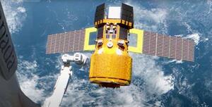 　国際宇宙ステーションのロボットアーム（左下）が新型無人補給機ＨＴＶ―Ｘを捕捉する様子のイメージ（ＪＡＸＡ提供）