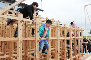 「渡邉大工」で開かれたスギを使った巨大ジャングルジムで遊ぶイベント＝長岡市与板町蔦都