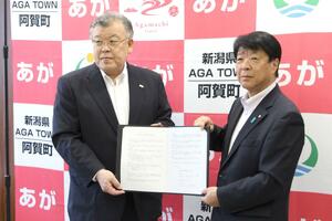 協定に署名した神田一秋町長(右)とトップライズの大滝充司社長=阿賀町役場