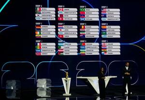 サッカーW杯北中米3カ国大会の1次リーグの組み合わせ。日本はF組に入った=5日、米ワシントン(共同)