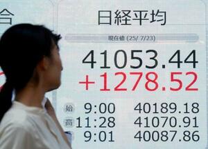 上げ幅が一時1200円を超え、節目の4万1000円を回復した日経平均株価を示すボード=23日午前、東京都中央区